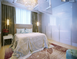 Спальня в стиле Арт Деко. Шкаф платяной выполнен с фасадами из МДФ в эмали с высокоглянцевым лаком. Кровать с мягким изголовьем из натуральной кожи. Мебель изготавливается по любым размерам.